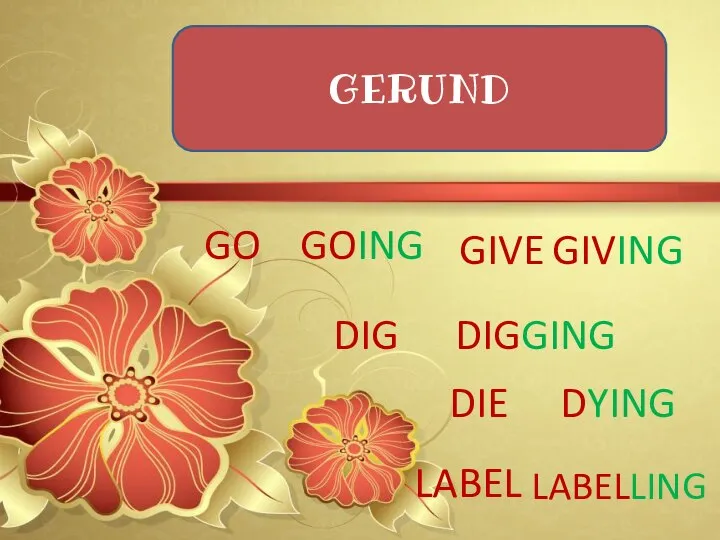 GERUND GO GOING GIVE GIVING DIG DIGGING DIE DYING LABEL LABELLING