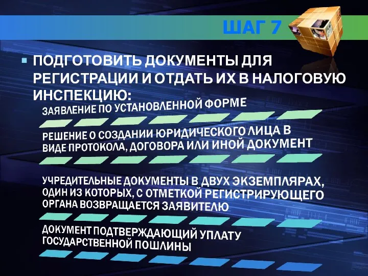 ШАГ 7 ПОДГОТОВИТЬ ДОКУМЕНТЫ ДЛЯ РЕГИСТРАЦИИ И ОТДАТЬ ИХ В НАЛОГОВУЮ ИНСПЕКЦИЮ: