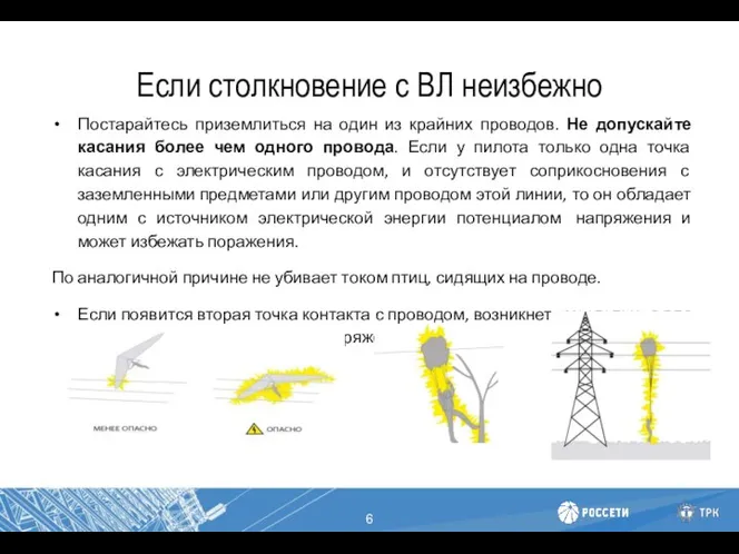 Если столкновение с ВЛ неизбежно Постарайтесь приземлиться на один из крайних