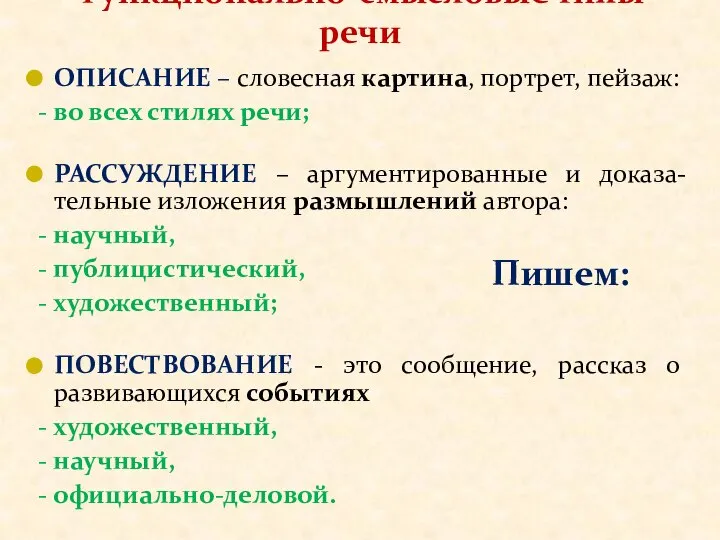 Функционально-смысловые типы речи ОПИСАНИЕ – словесная картина, портрет, пейзаж: - во