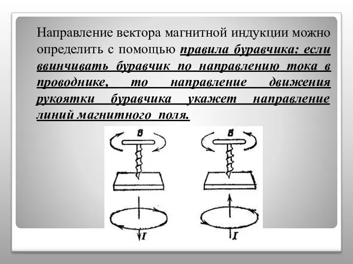 Направление вектора магнитной индукции можно определить с помощью правила буравчика: если