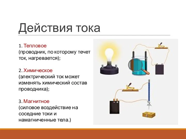 Действия тока 1. Тепловое (проводник, по которому течет ток, нагревается); 2.