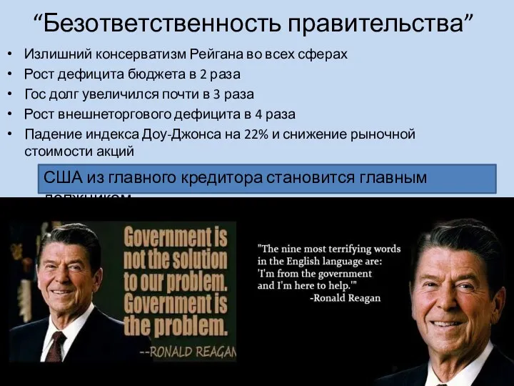 “Безответственность правительства” Излишний консерватизм Рейгана во всех сферах Рост дефицита бюджета