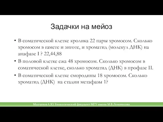 Задачки на мейоз В соматической клетке кролика 22 пары хромосом. Сколько