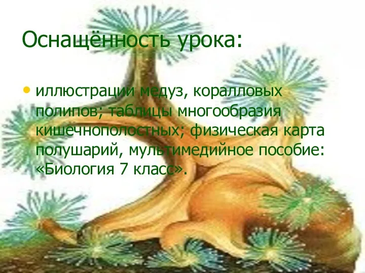 Оснащённость урока: иллюстрации медуз, коралловых полипов; таблицы многообразия кишечнополостных; физическая карта