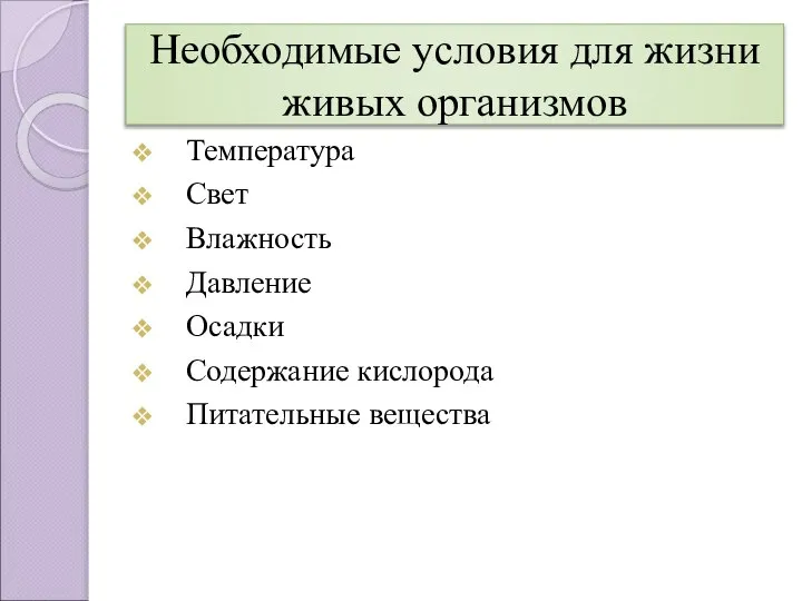 Необходимые условия для жизни живых организмов Температура Свет Влажность Давление Осадки Содержание кислорода Питательные вещества