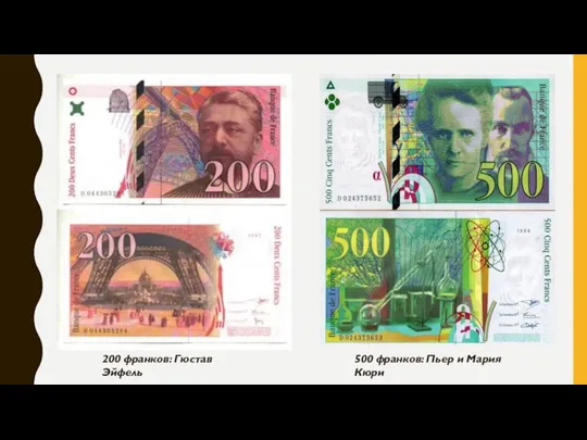 200 франков: Гюстав Эйфель 500 франков: Пьер и Мария Кюри