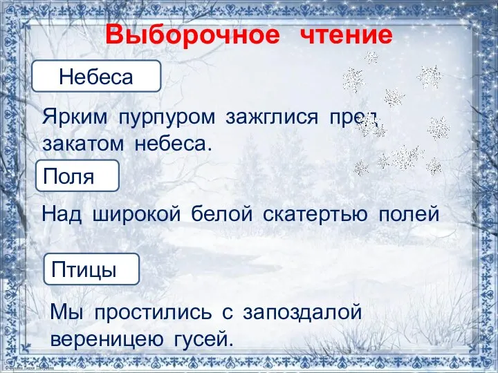 Выборочное чтение Ярким пурпуром зажглися пред закатом небеса. Небеса Поля Птицы