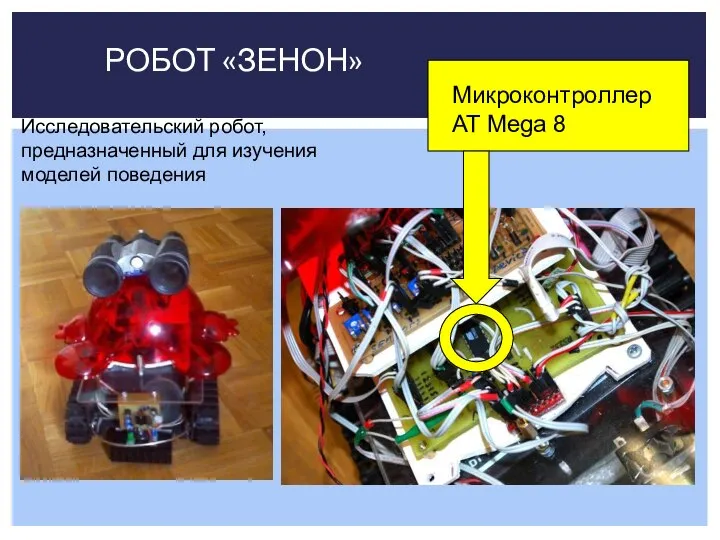 РОБОТ «ЗЕНОН» Микроконтроллер AT Mega 8 Исследовательский робот, предназначенный для изучения моделей поведения