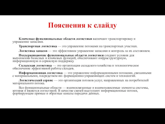 Пояснения к слайду Ключевые функциональные области логистики включают транспортировку и управление