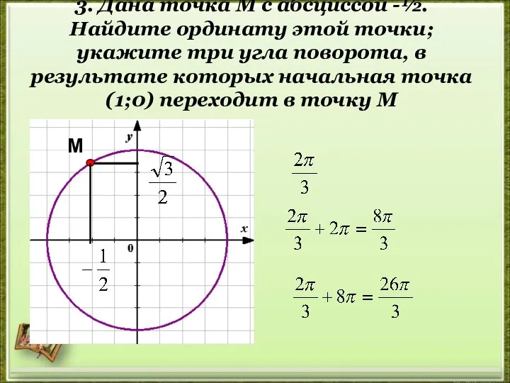 3. Дана точка М с абсциссой -½. Найдите ординату этой точки;