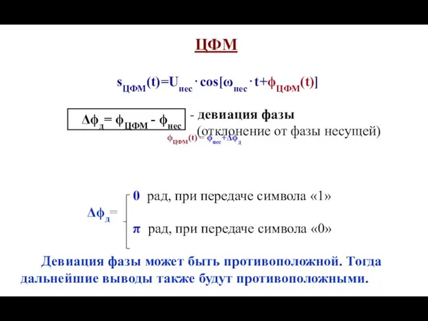 ЦФМ sЦФМ(t)=Uнес⋅cos[ωнес⋅t+ϕЦФМ(t)] - девиация фазы (отклонение от фазы несущей) 0 рад,