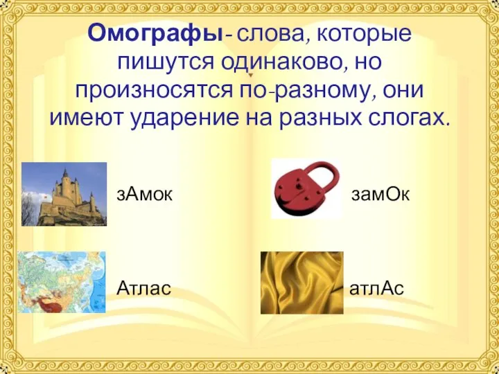 Омографы- слова, которые пишутся одинаково, но произносятся по-разному, они имеют ударение