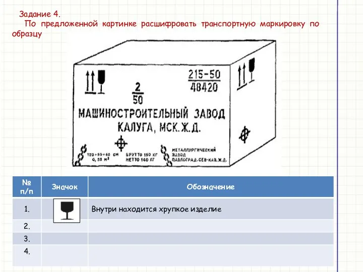 Задание 4. По предложенной картинке расшифровать транспортную маркировку по образцу