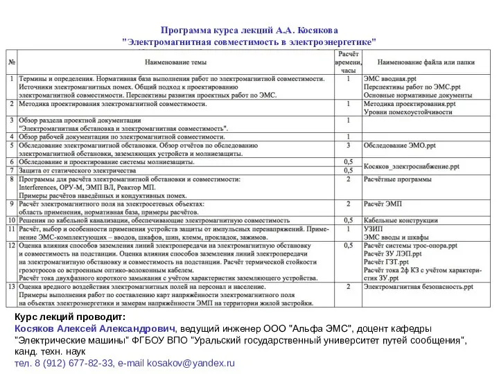 Программа курса лекций А.А. Косякова "Электромагнитная совместимость в электроэнергетике" Курс лекций