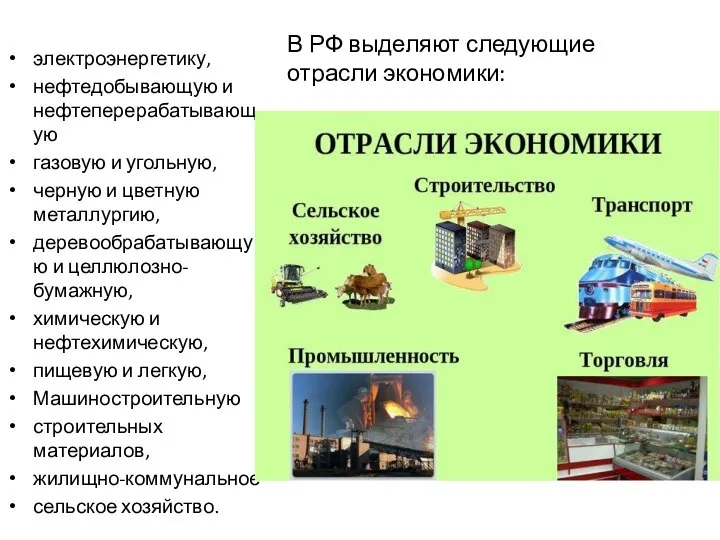 электроэнергетику, нефтедобывающую и нефтеперерабатывающую газовую и угольную, черную и цветную металлургию,