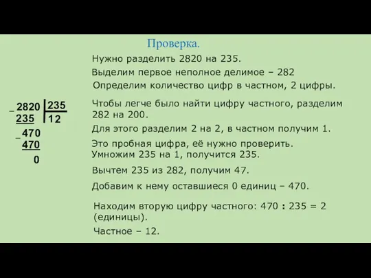 Проверка. 2820 235 Частное – 12. Нужно разделить 2820 на 235.