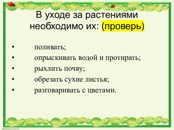 В уходе за растениями необходимо их: (проверь) поливать; опрыскивать водой и