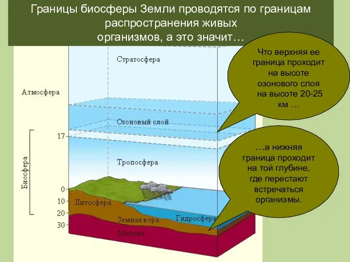 Границы биосферы Земли проводятся по границам распространения живых организмов, а это