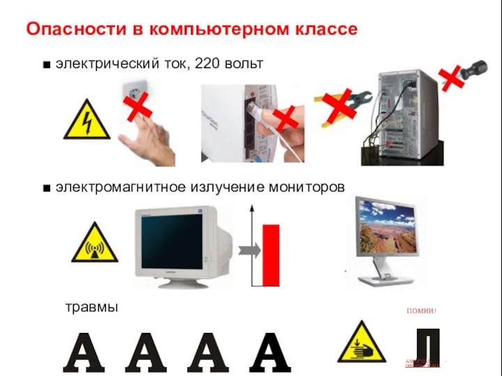 Опасности в компьютерном классе ■ электрический ток, 220 вольт ■ электромагнитное