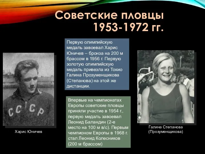 Советские пловцы 1953-1972 гг. Первую олимпийскую медаль завоевал Харис Юничев –