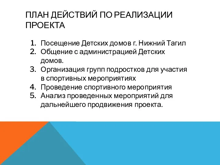 ПЛАН ДЕЙСТВИЙ ПО РЕАЛИЗАЦИИ ПРОЕКТА Посещение Детских домов г. Нижний Тагил