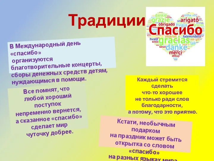 Традиции Все помнят, что любой хороший поступок непременно вернется, а сказанное