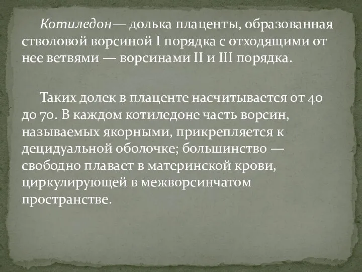 Котиле­дон— долька плаценты, образованная стволовой ворсиной I по­рядка с отходящими от