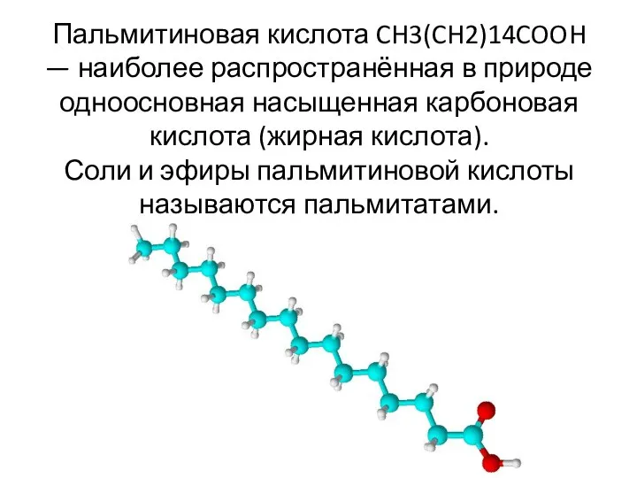 Пальмитиновая кислота CH3(CH2)14COOH — наиболее распространённая в природе одноосновная насыщенная карбоновая