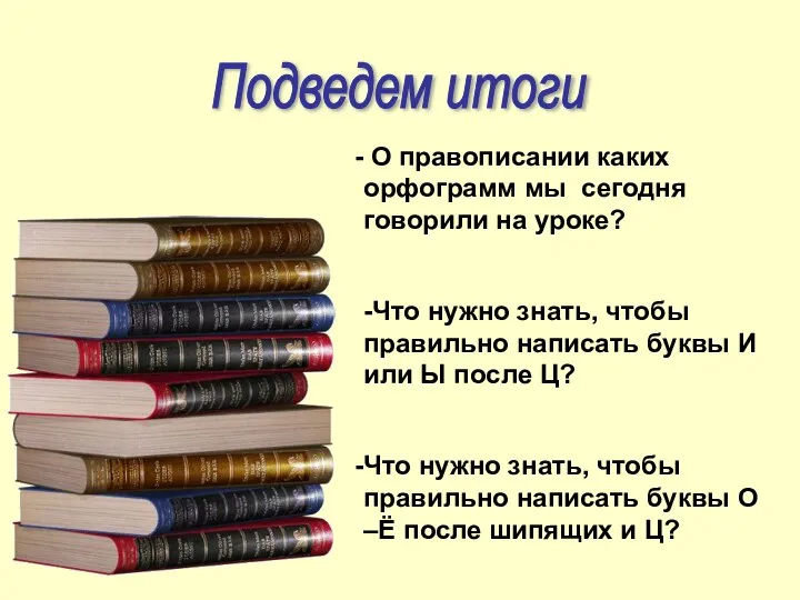 Подведем итоги О правописании каких орфограмм мы сегодня говорили на уроке?