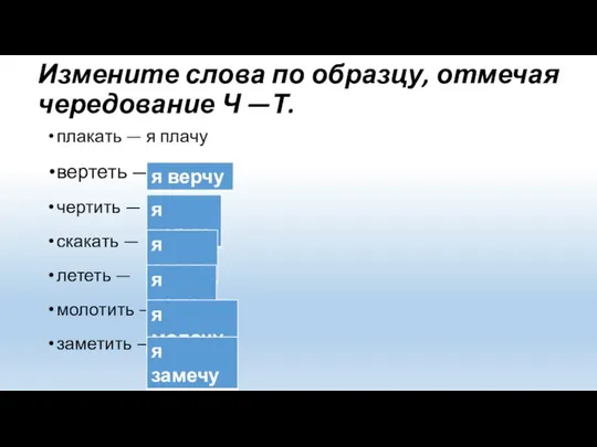 Измените слова по образцу, отмечая чередование Ч —Т. плакать — я