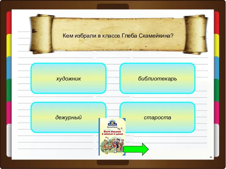художник дежурный староста библиотекарь Кем избрали в классе Глеба Скамейкина?