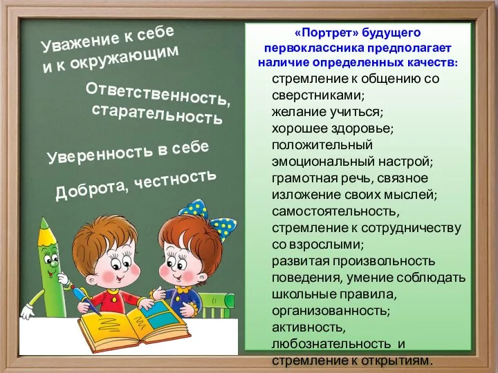 «Портрет» будущего первоклассника предполагает наличие определенных качеств: стремление к общению со