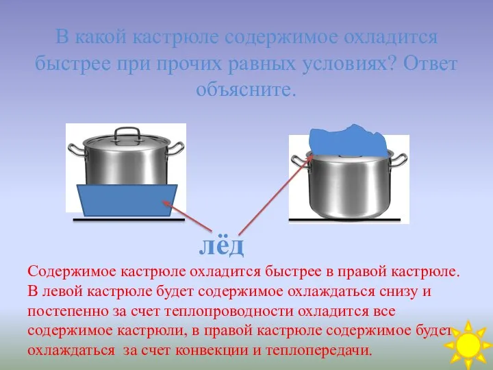 В какой кастрюле содержимое охладится быстрее при прочих равных условиях? Ответ