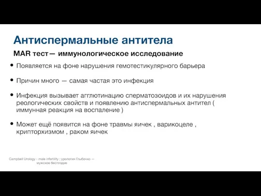 Антиспермальные антитела MAR тест— иммунологическое исследование Появляется на фоне нарушения гемотестикулярного