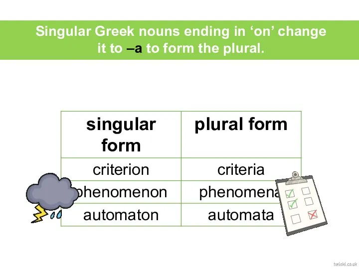 Singular Greek nouns ending in ‘on’ change it to –a to form the plural.