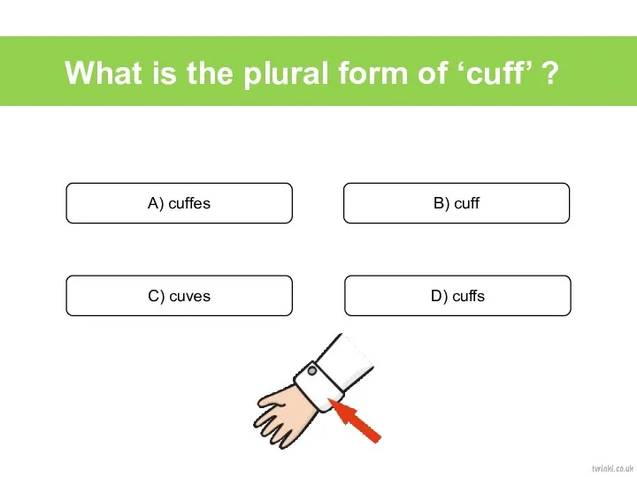 What is the plural form of ‘cuff’ ? A) cuffes B) cuff C) cuves D) cuffs