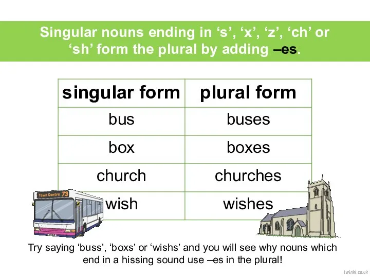 t Singular nouns ending in ‘s’, ‘x’, ‘z’, ‘ch’ or ‘sh’