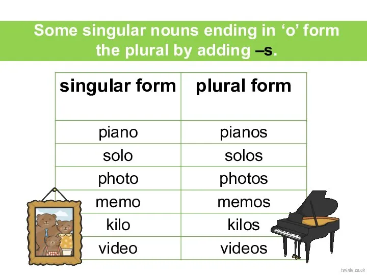 Some singular nouns ending in ‘o’ form the plural by adding –s.