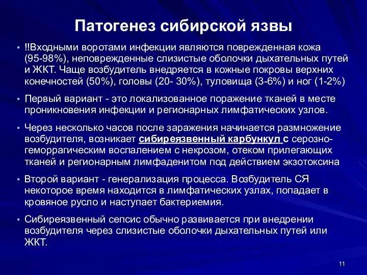 Патогенез сибирской язвы !!Входными воротами инфекции являются поврежденная кожа (95-98%), неповрежденные