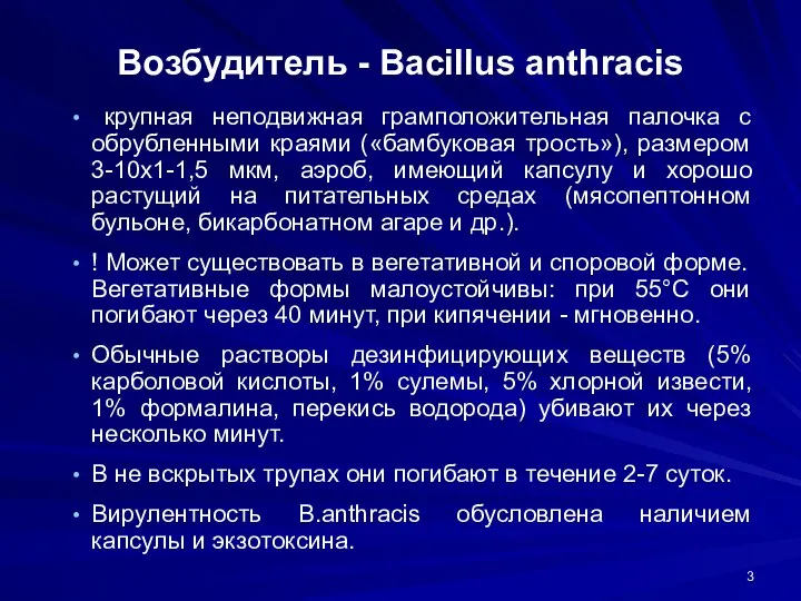 Возбудитель - Bacillus anthracis крупная неподвижная грамположительная палочка с обрубленными краями
