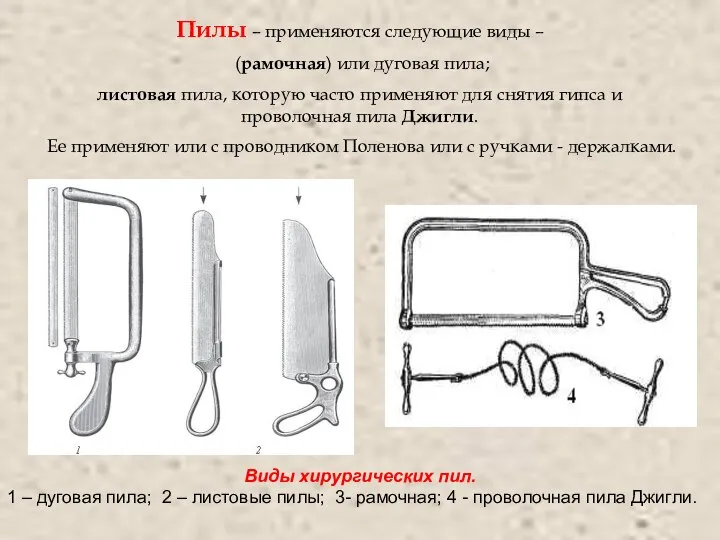 Пилы – применяются следующие виды – (рамочная) или дуговая пила; листовая