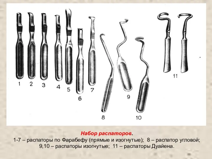 Набор распаторов. 1-7 – распаторы по Фарабефу (прямые и изогнутые); 8