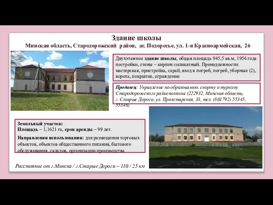 Двухэтажное здание школы, общая площадь 945,5 кв.м, 1956 года постройки, стены