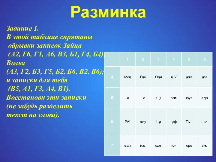 Разминка Задание 1. В этой таблице спрятаны обрывки записок Зайца (А2,