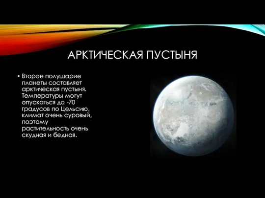 АРКТИЧЕСКАЯ ПУСТЫНЯ Второе полушарие планеты составляет арктическая пустыня. Температуры могут опускаться