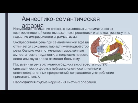 Амнестико-семантическая афазия Нарушение понимания сложных смысловых и грамматических взаимоотношений слов, выраженных