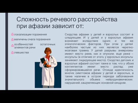 Сложность речевого расстройства при афазии зависит от: локализации поражения величины очага