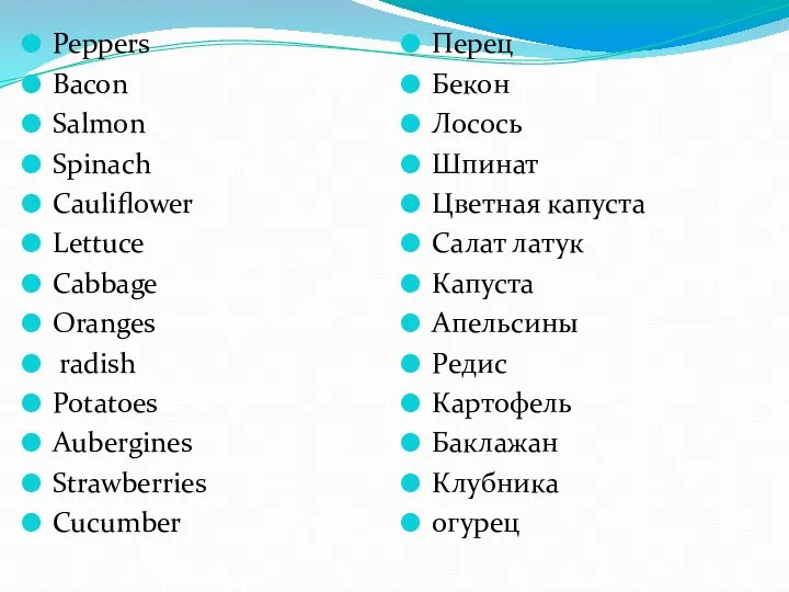 Peppers Bacon Salmon Spinach Cauliflower Lettuce Cabbage Oranges radish Potatoes Aubergines