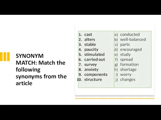 SYNONYM MATCH: Match the following synonyms from the article